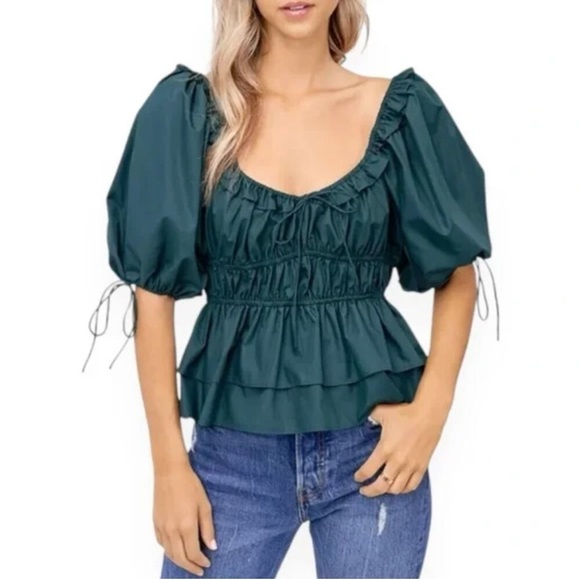 En Saison Green Puff Sleeve Blouse - Picture 1 of 4